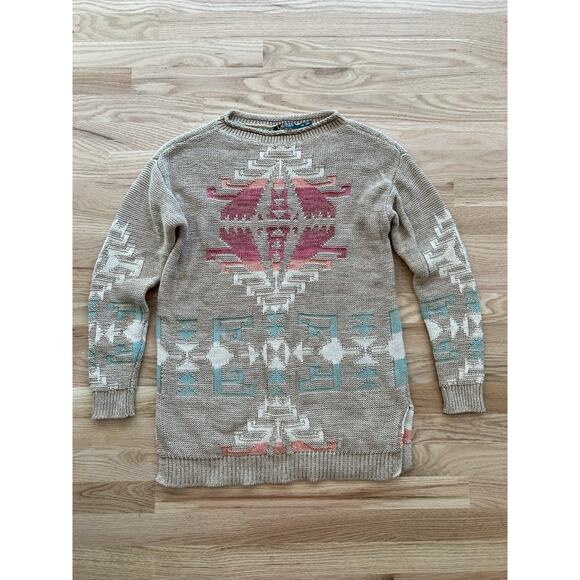 Lauren Ralph Lauren Linen Aztec Sweater Pullover Women's Petite SM Southwestern - Picture 1 of 9